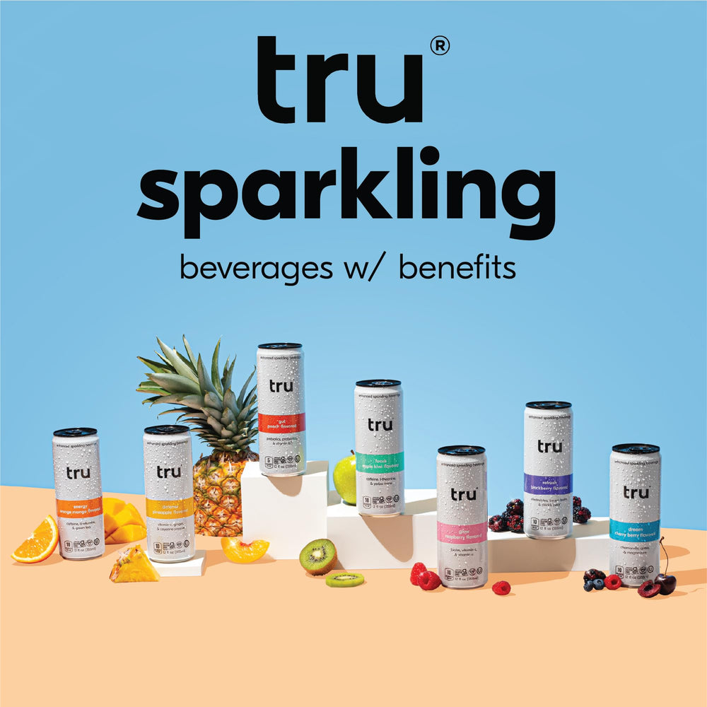 Tru Calming Drink lifestyle image with real fruit garnish implies keto-friendly refreshment.