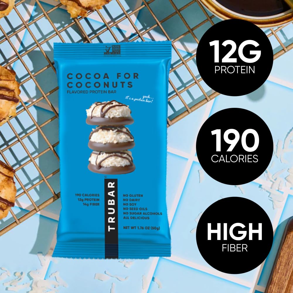 TRUBAR Cocoa For Coconuts nutrition facts showcase 12g protein and 12g fiber.