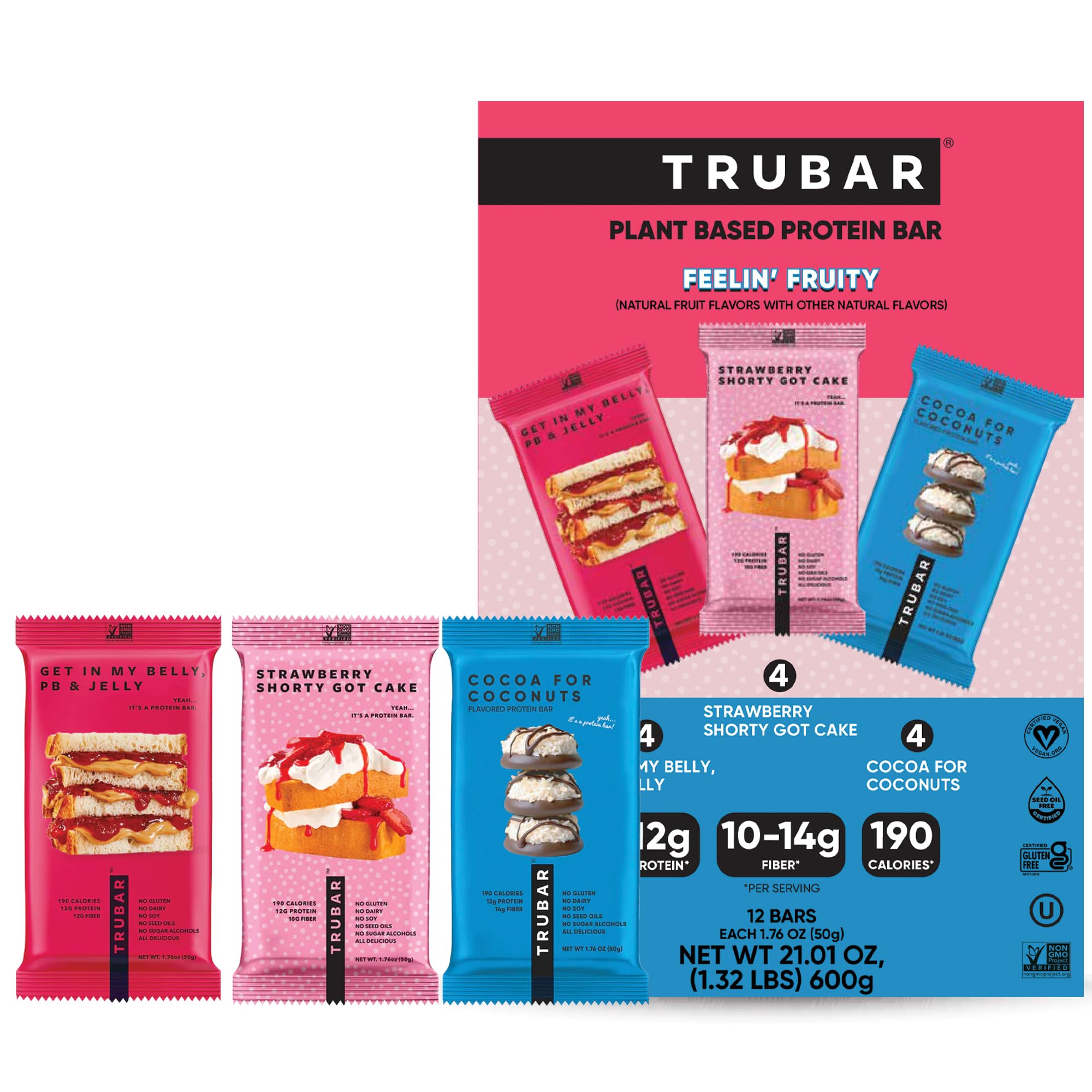 TRUBAR Nutrition facts panel showing 12g protein and fiber per bar.
