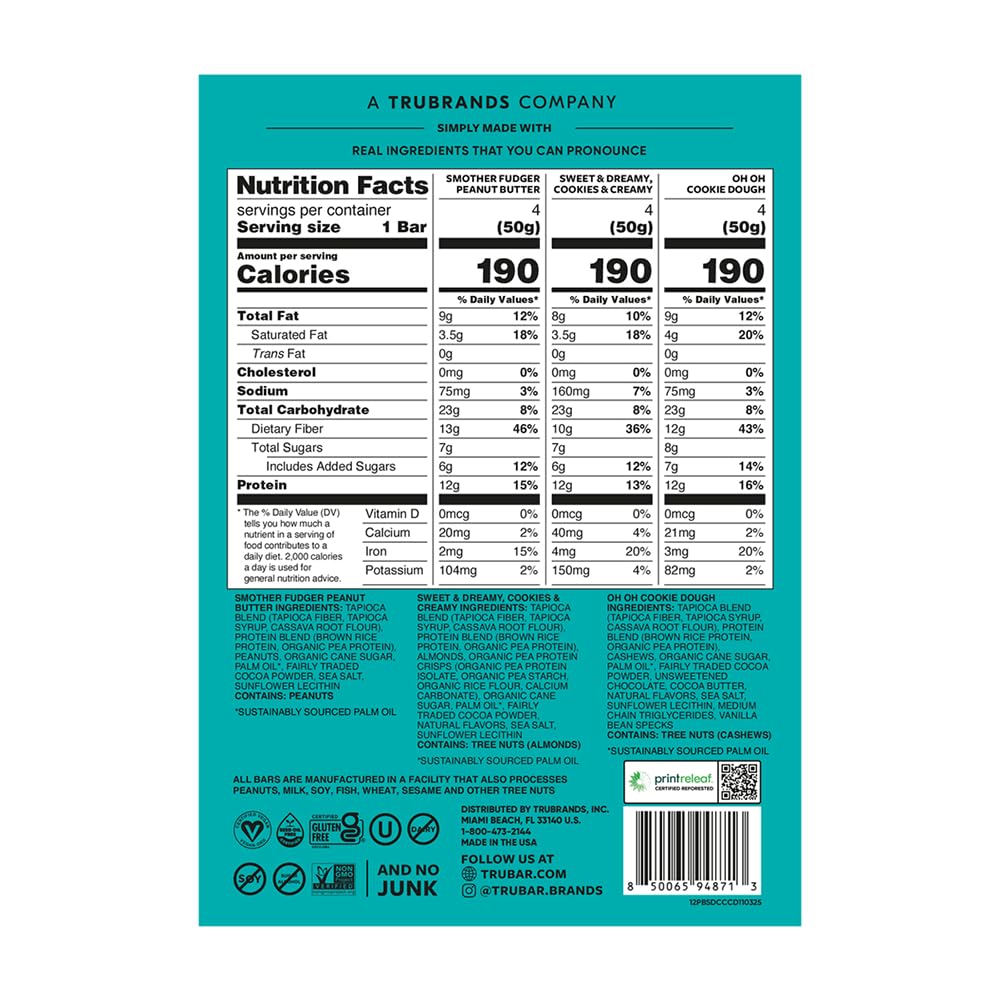 TRUBAR Oh Oh Cookie Dough bar close-up highlights creamy texture and plant-based ingredients