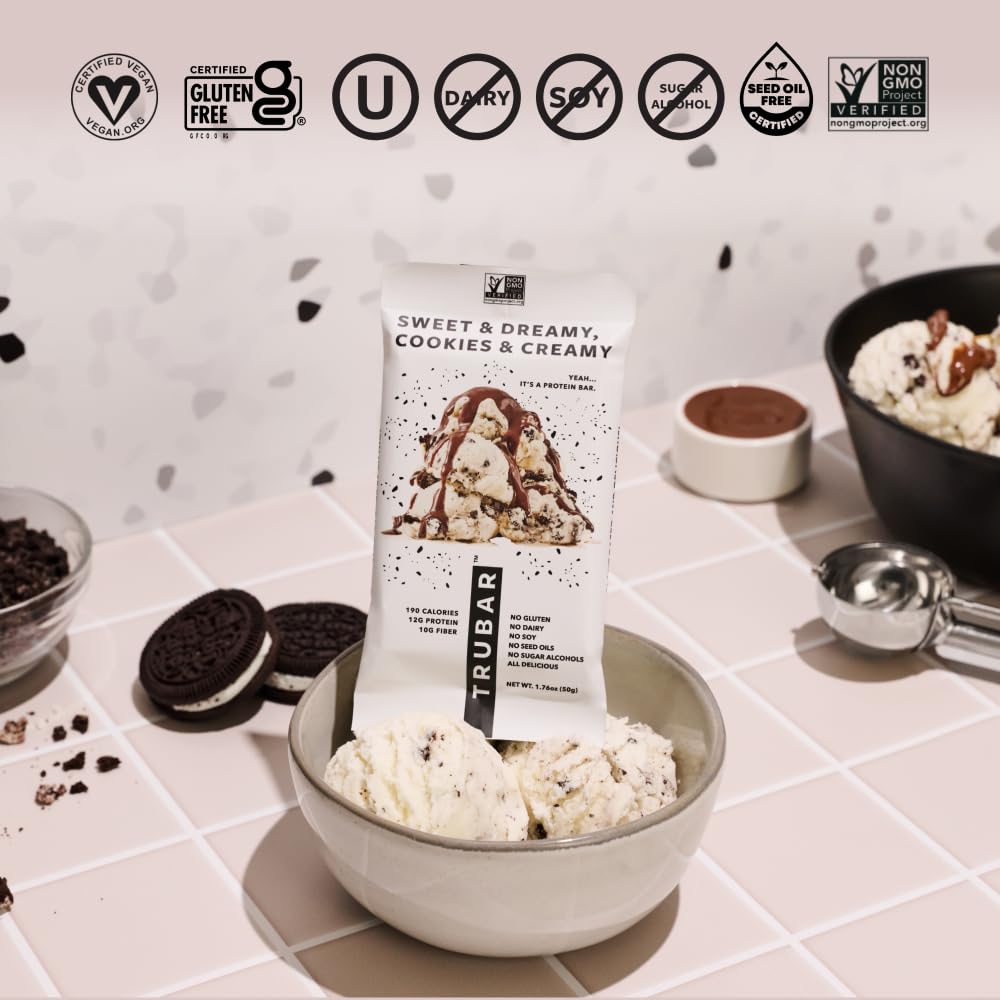 TRUBAR ingredients graphic indicates vegan, non-GMO, sugar alcohol-free ingredients