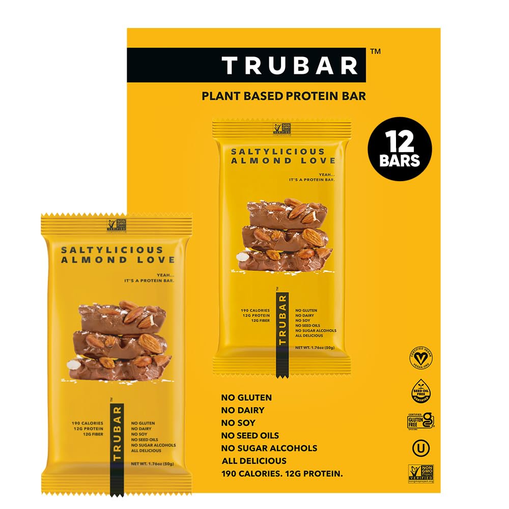 TRUBAR Saltylicious Almond Love bar on display, a protein-packed snack for busy days.