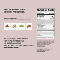 Close-up of ingredients label for TRUBAR bar, showcasing plant-based components