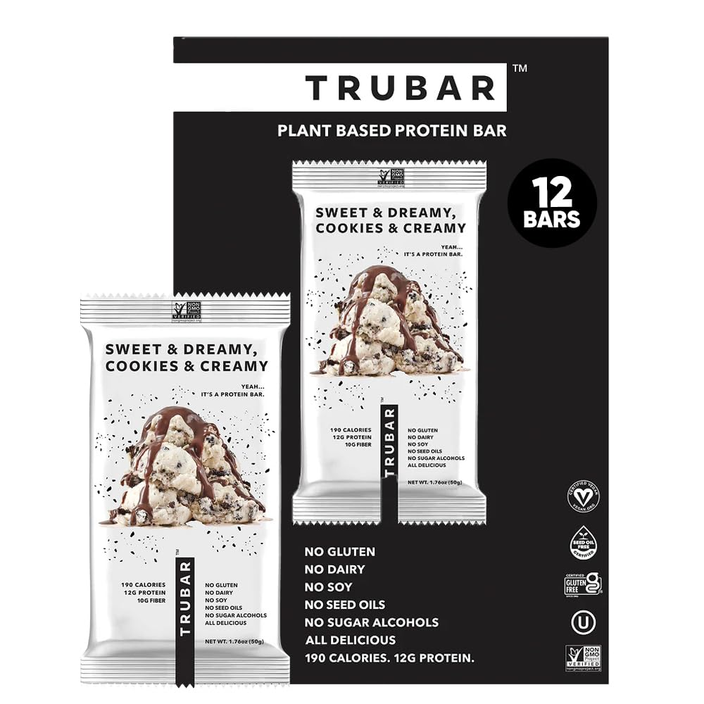 TRUBAR Sweet & Dreamy Cookies and Creamy bar packaging highlights vegan, gluten-free snack appeal