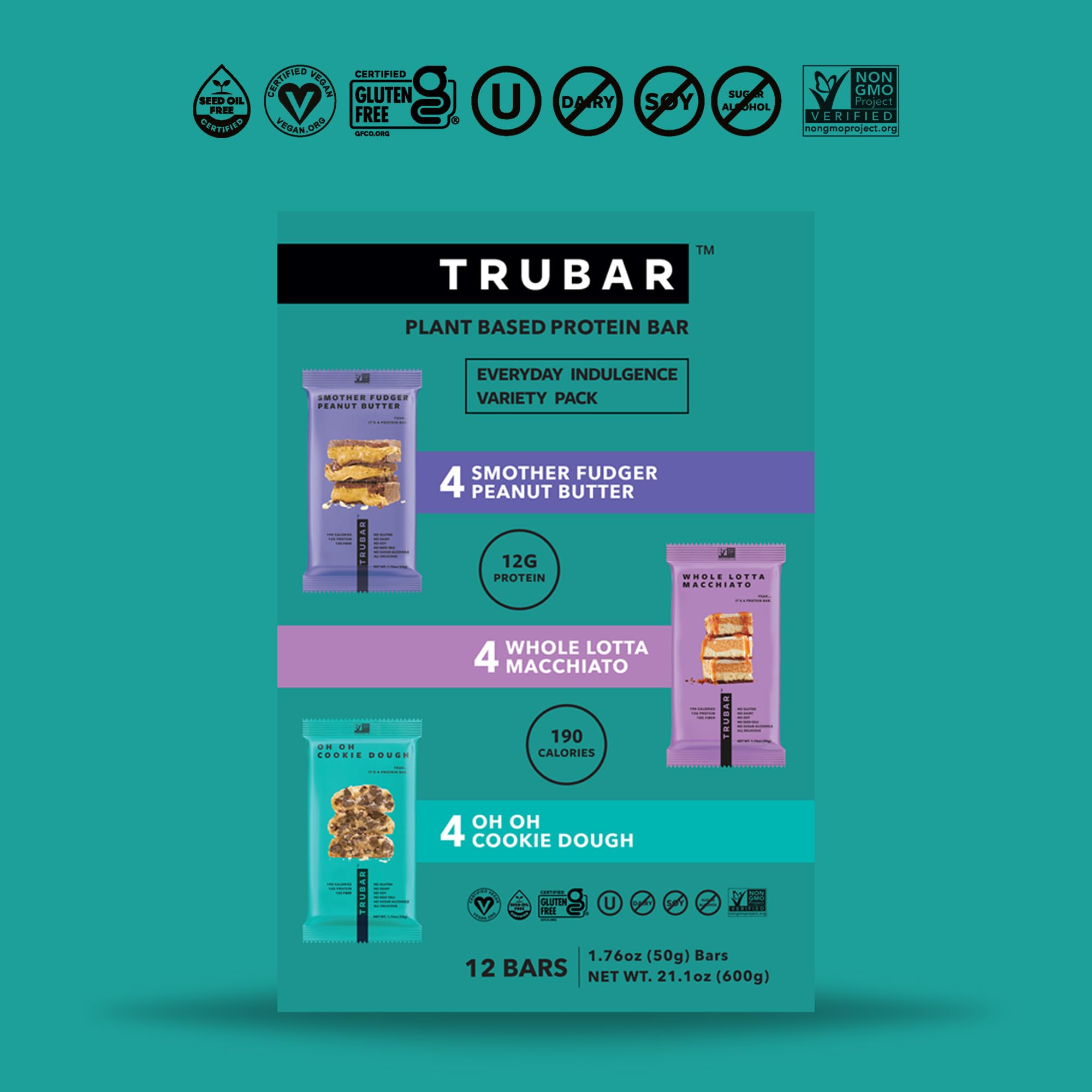 TRUBAR Variety Pack image—gluten-free vegan protein bars assortment.