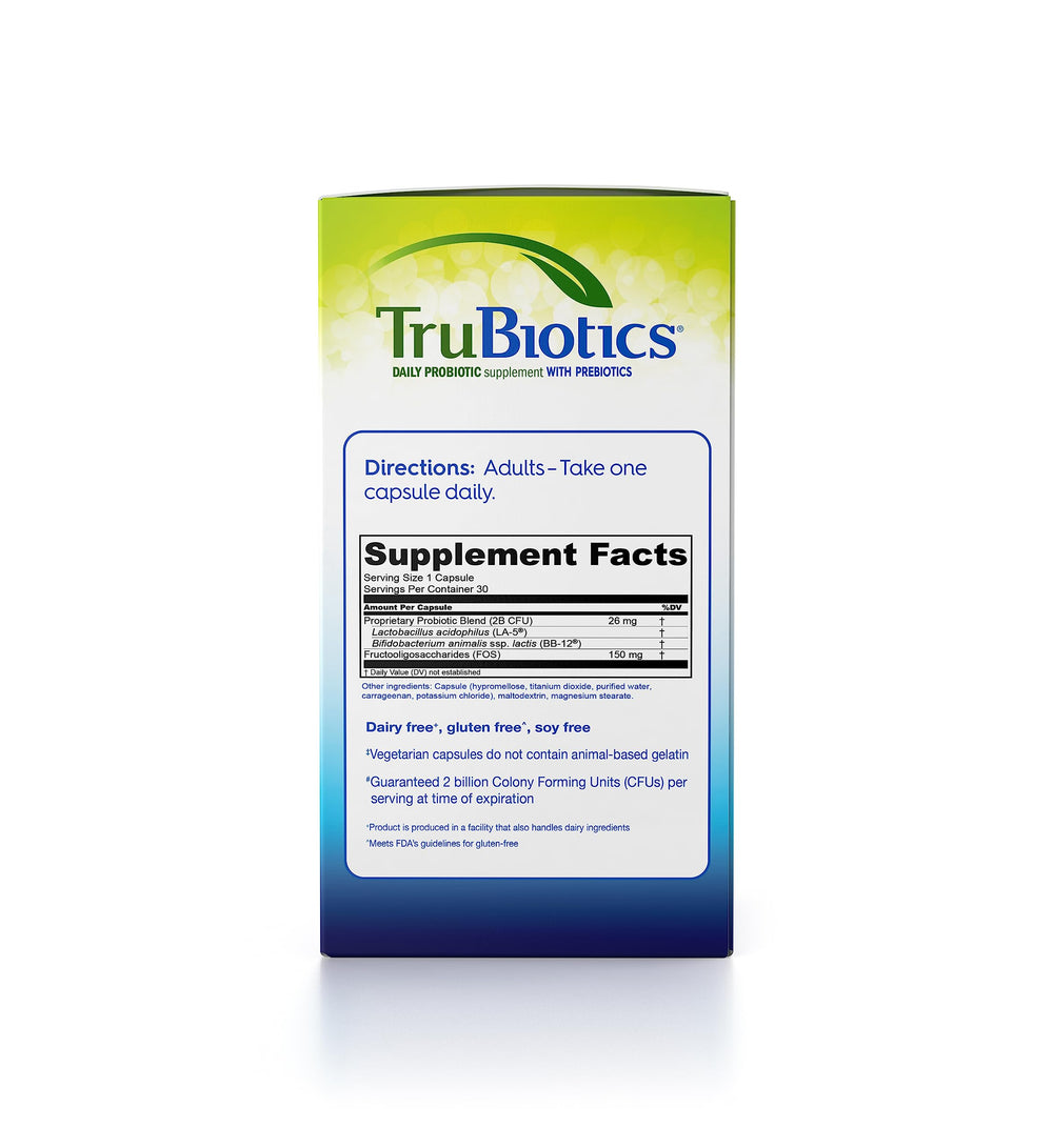 TruBiotics bottle shown with a glass for a daily routine.
