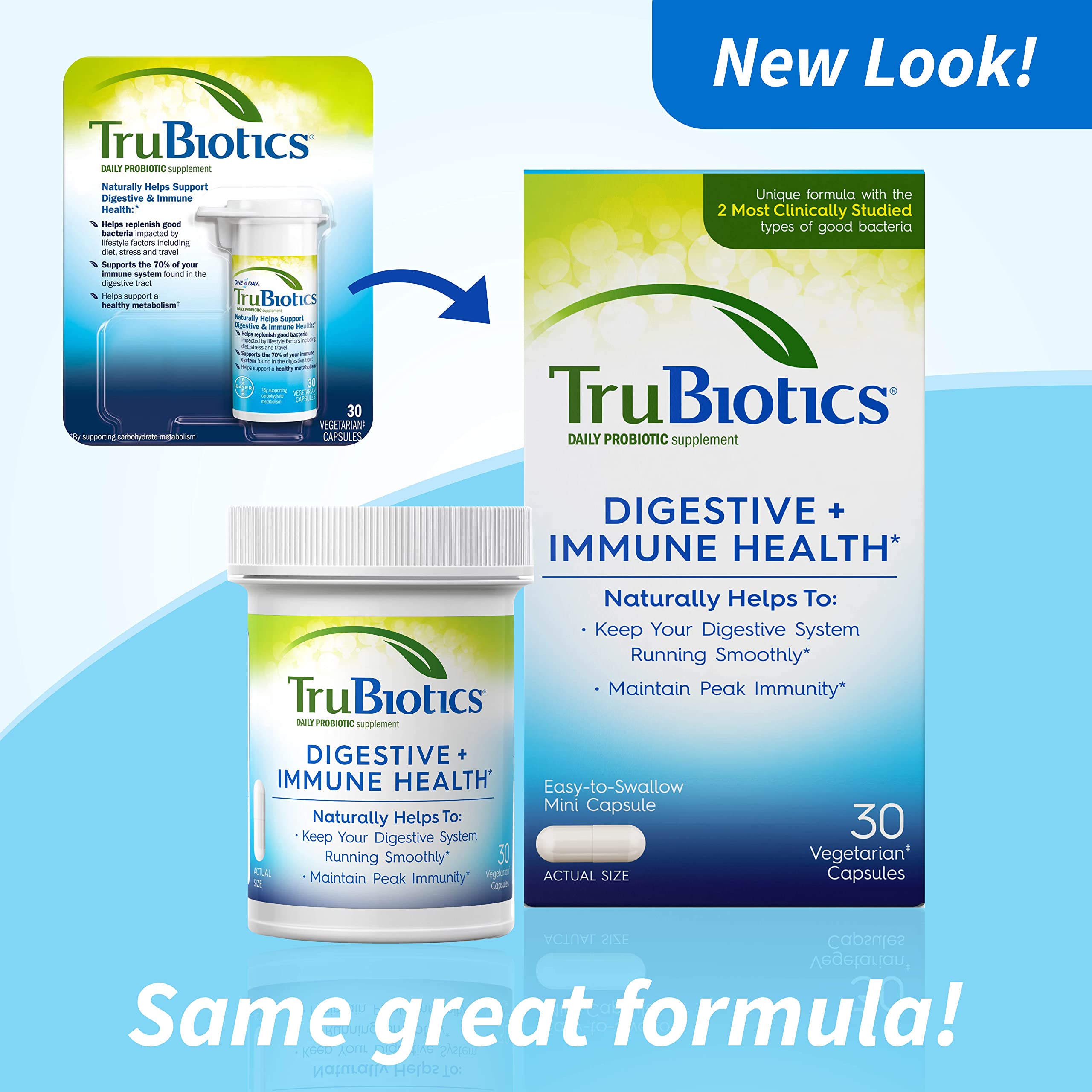 TruBiotics capsules close-up highlighting the probiotic pills and dosage.