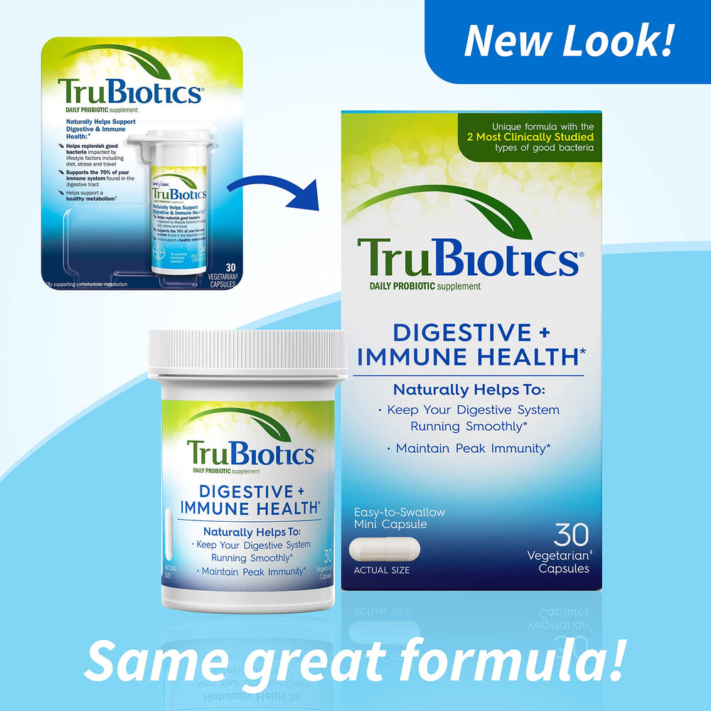 TruBiotics capsules close-up highlighting the probiotic pills and dosage.