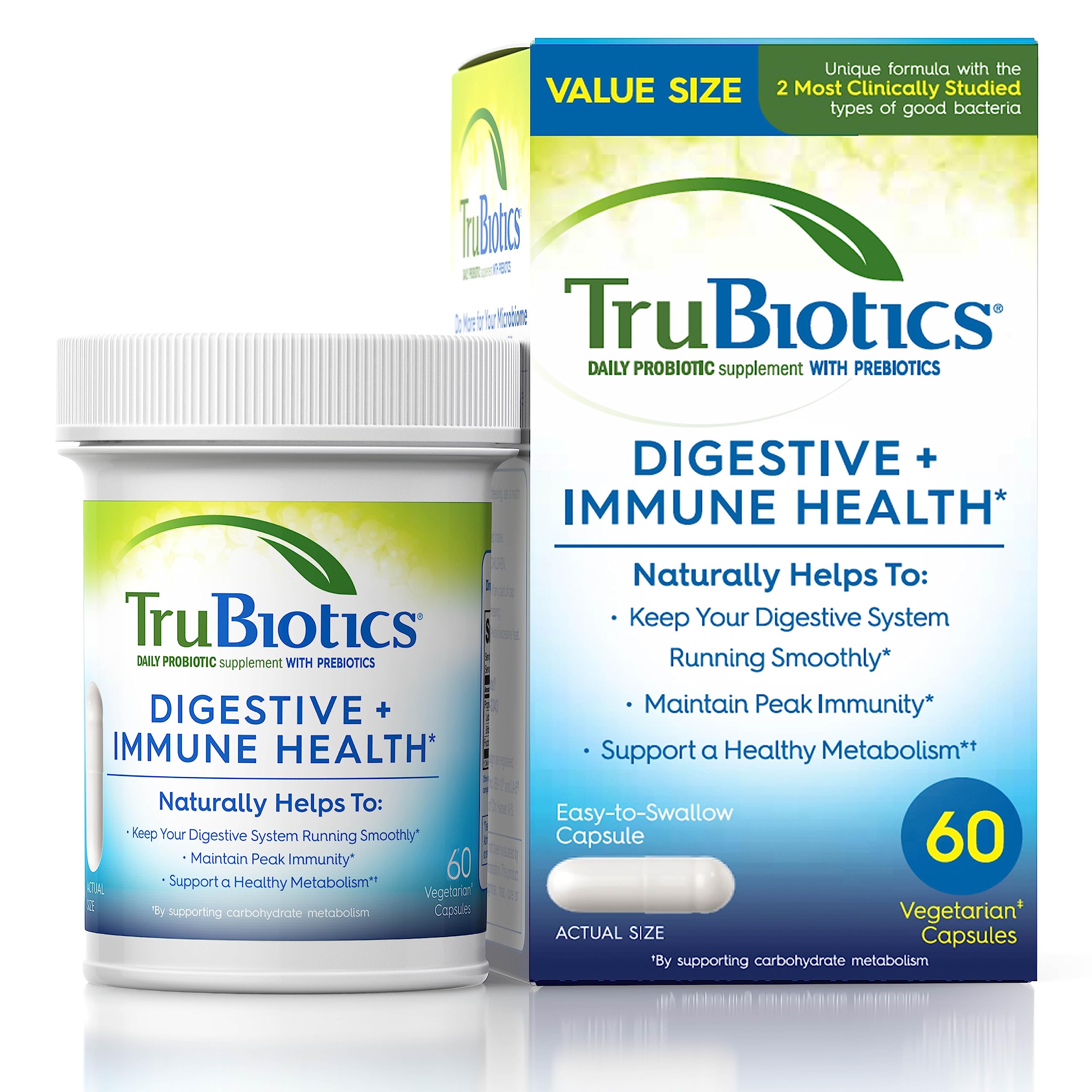 TruBiotics digestive balance bottle with capsules for daily gut comfort.