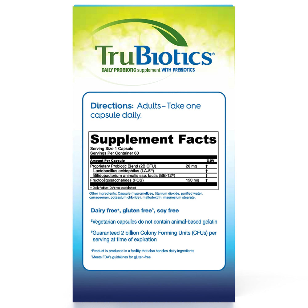 TruBiotics prebiotic blend capsules nourishing beneficial gut bacteria.