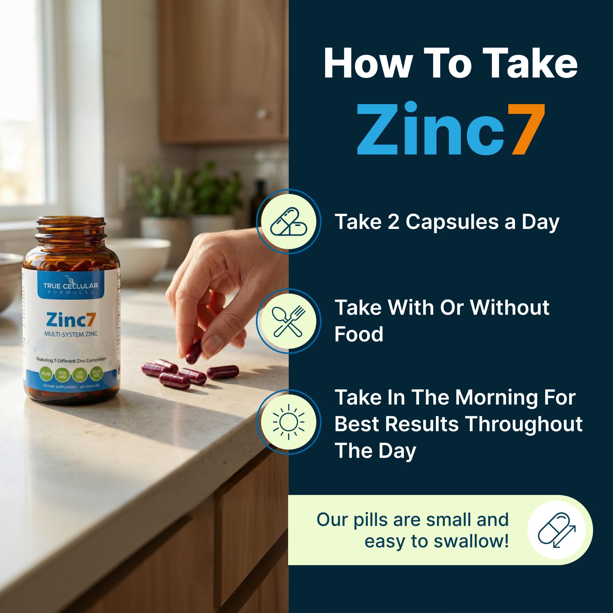 True Cellular Formulas Zinc7 bottle emphasizes 50 mg per capsule