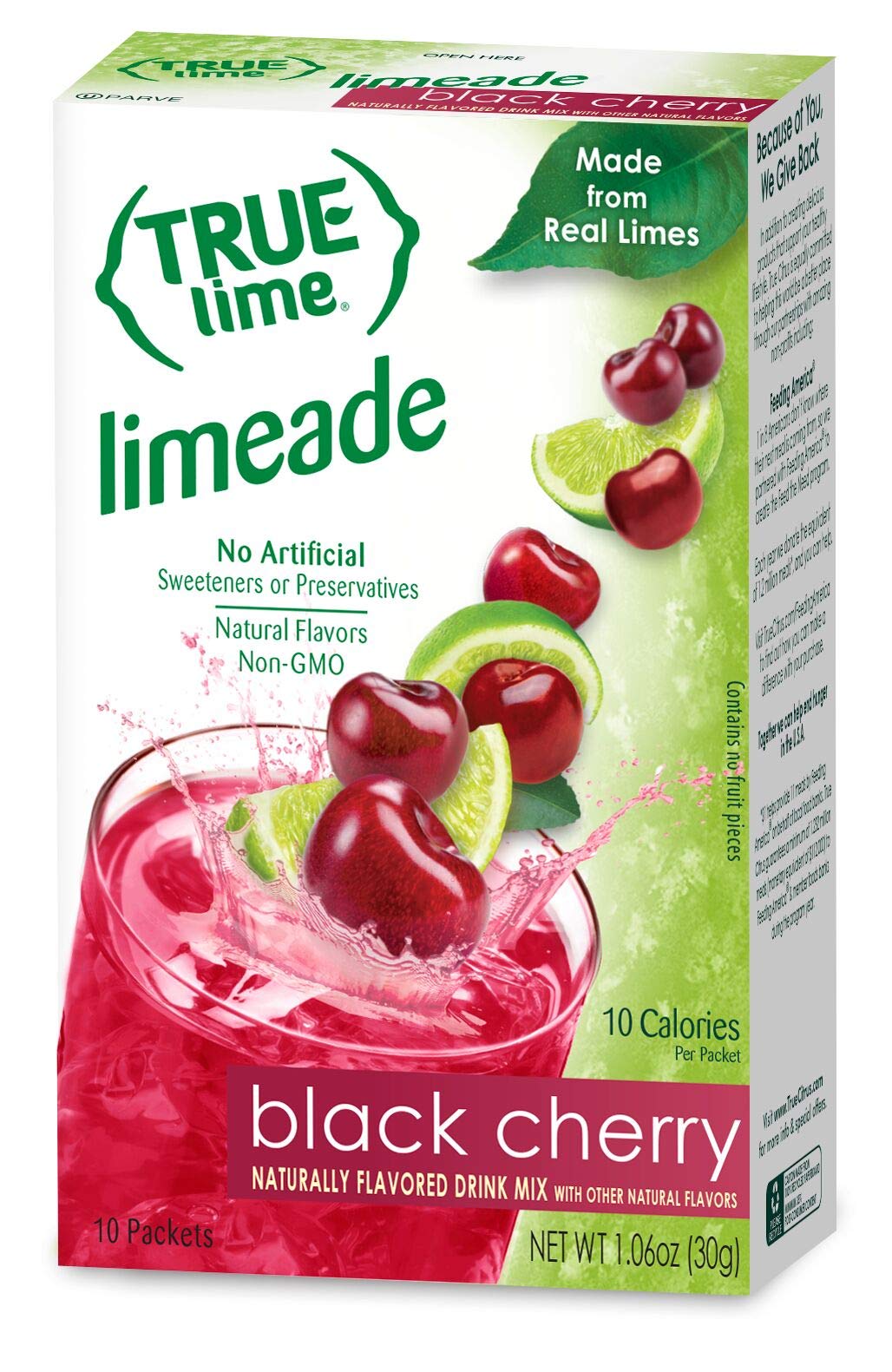 True Citrus black cherry limeade packet adding fruity flavor to water.