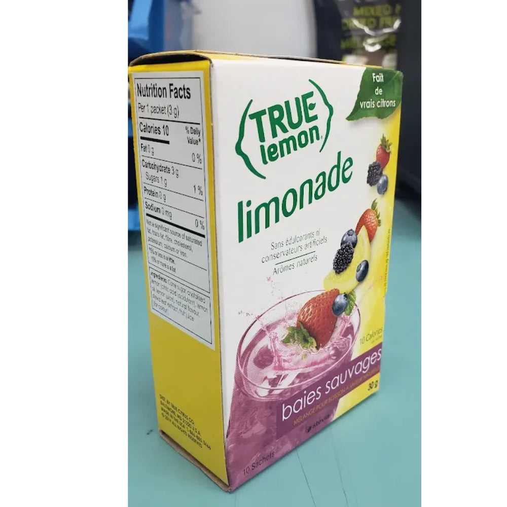 Close-up of True Citrus Wildberry Lemonade box and label.