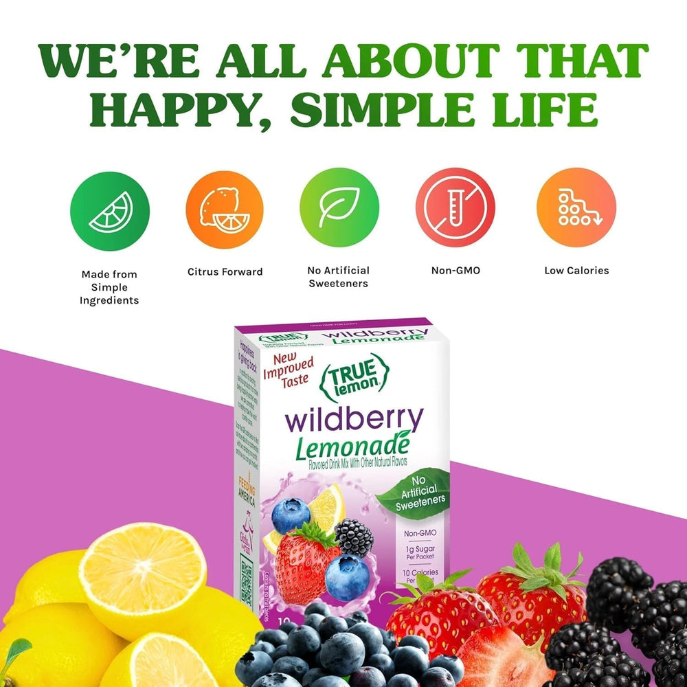 Simple, non-GMO ingredients highlighted on True Citrus label for Wildberry Lemonade.