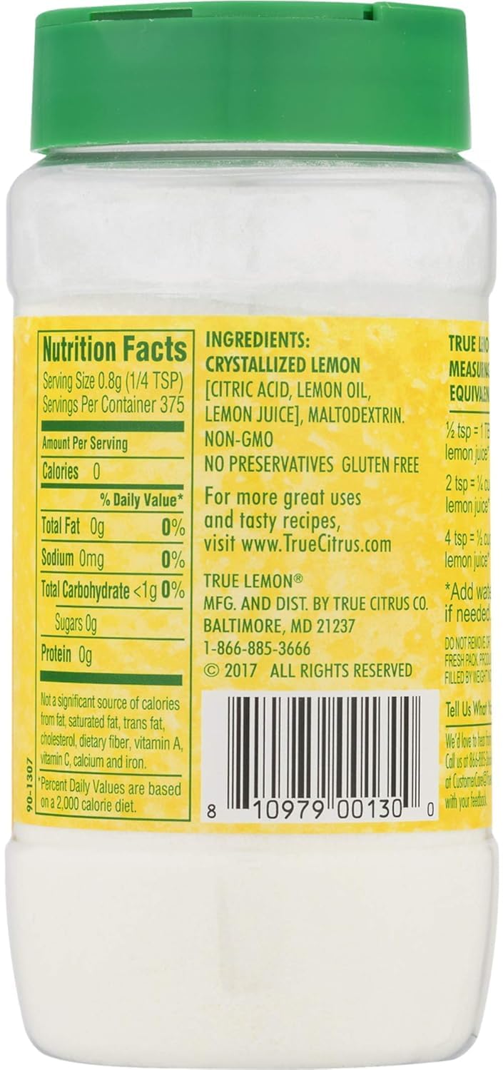 Cap close-up of the True Lemon shaker highlights easy resealing after use.