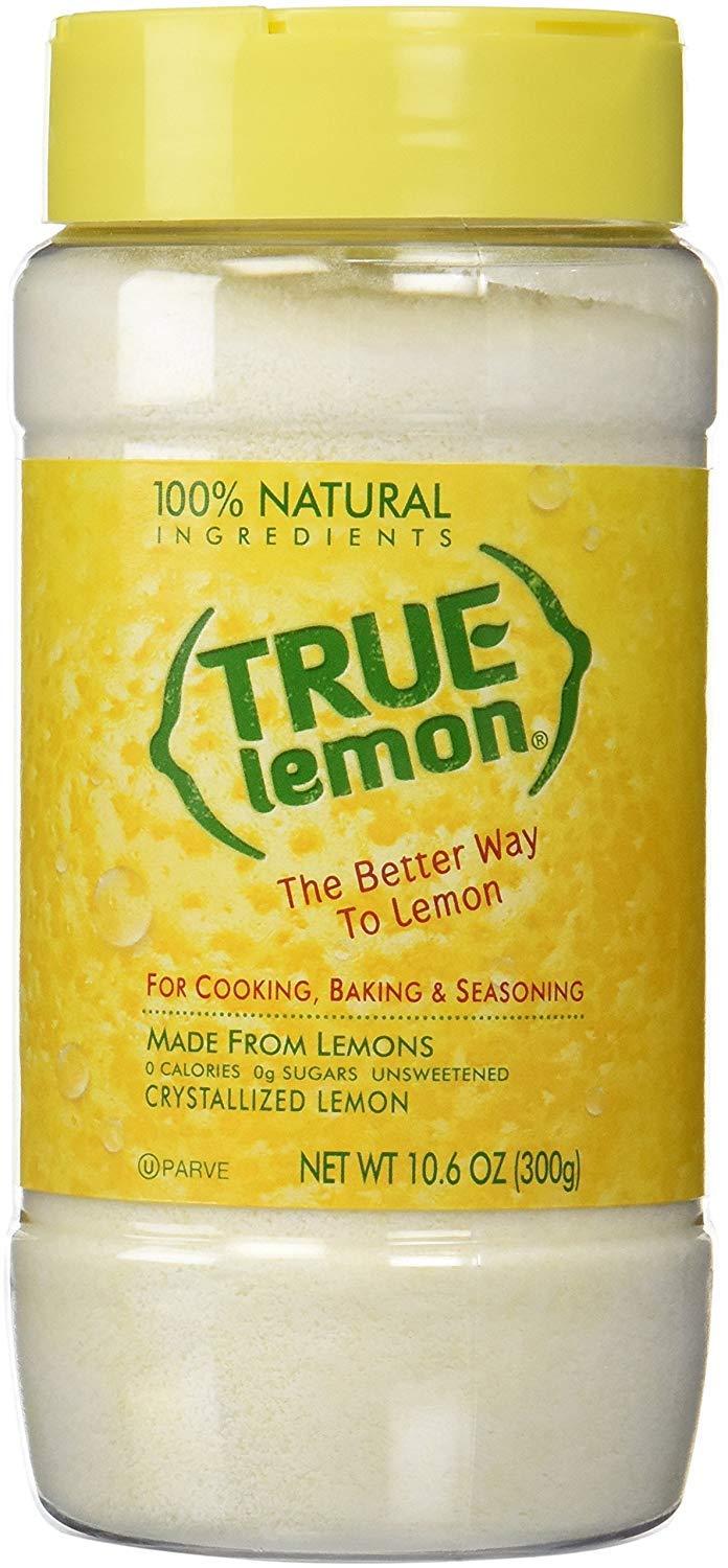True Lemon crystalized lemon shaker front view showing a 10.6 oz container for easy flavoring.