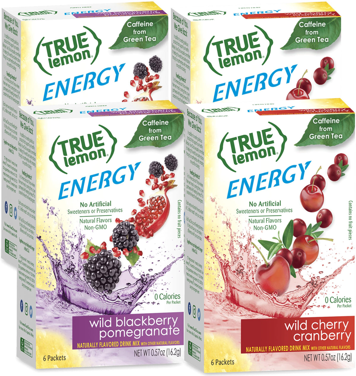 True Lemon Energy Wild Cherry Cranberry box front for a refreshing caffeine boost.