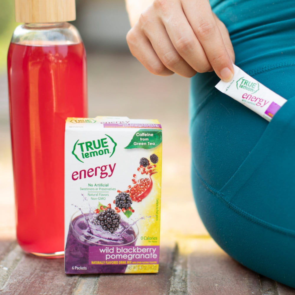 Zero calories per packet graphic beside True Lemon Energy info.