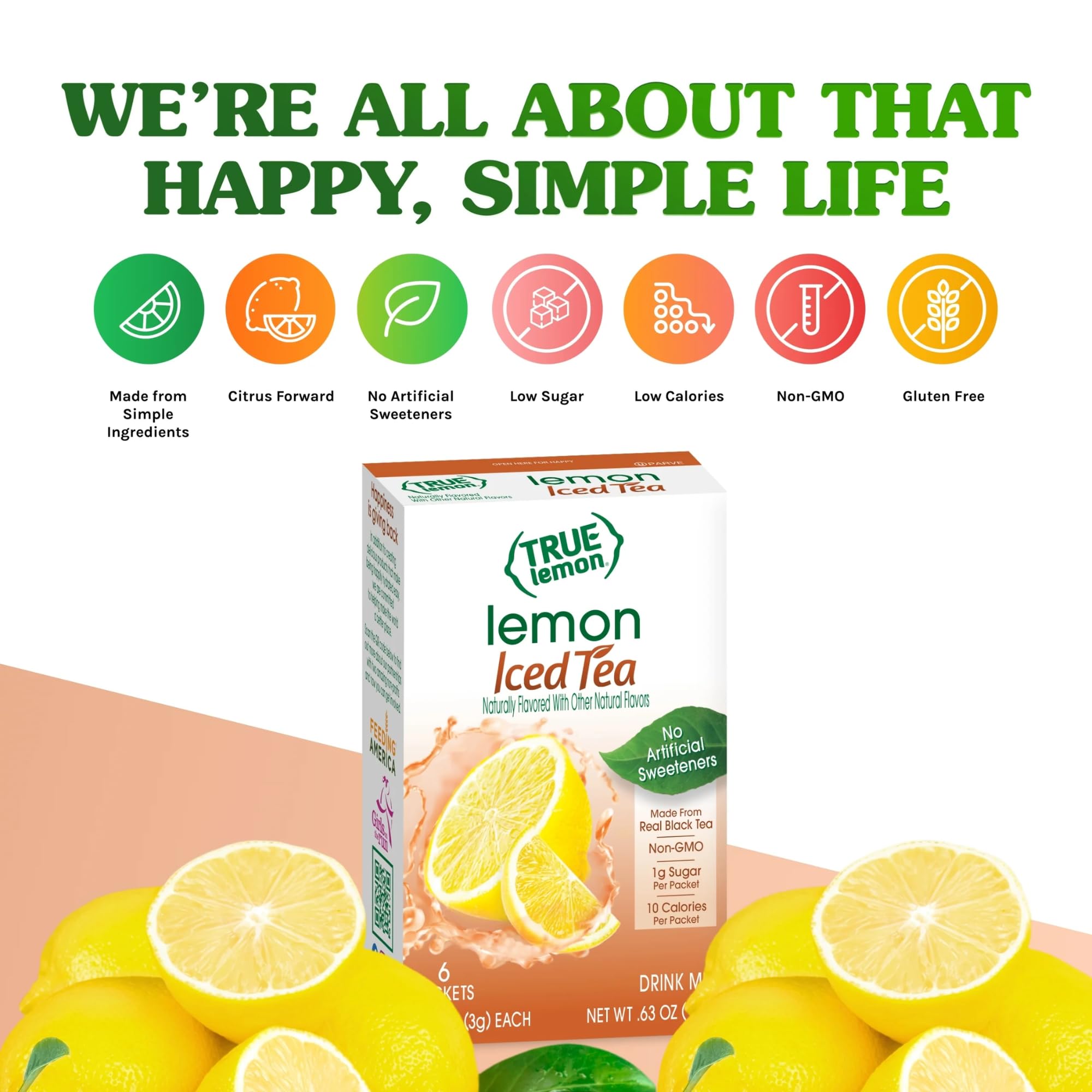 Close-up of True Lemon mix with nutrition and caffeine notes.