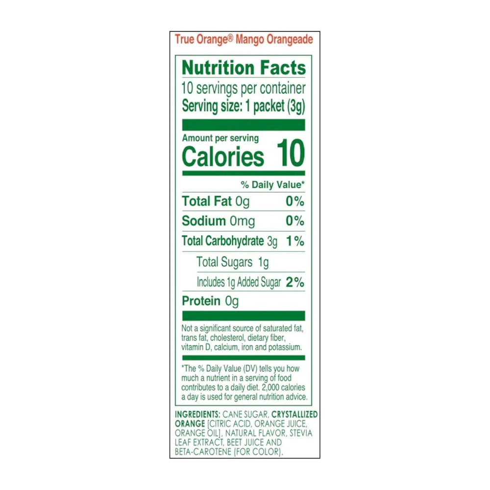True Lemon Mango Orange Drink Mix packets open label for quick mixing.