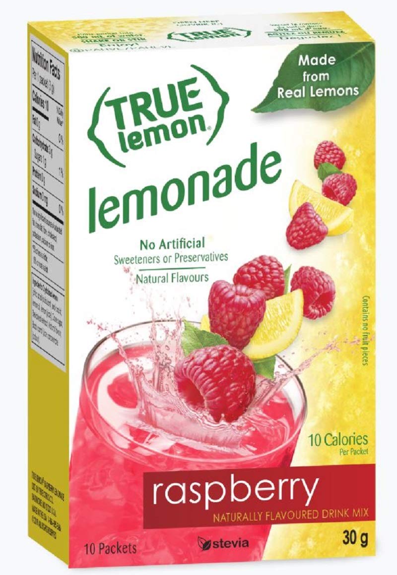 Two boxes of True Lemon Raspberry Lemonade with ten packets each for easy, refreshing lemonade.