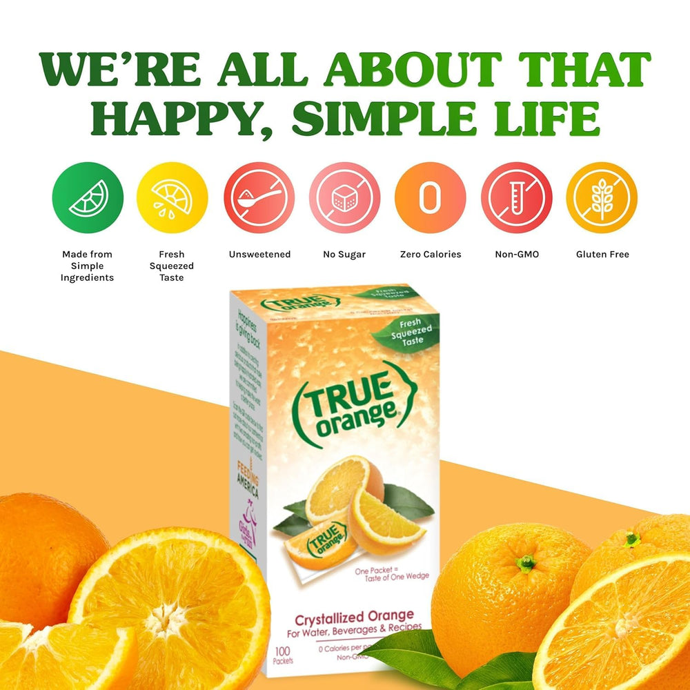 Pouring True Orange packet into a drink for zest.