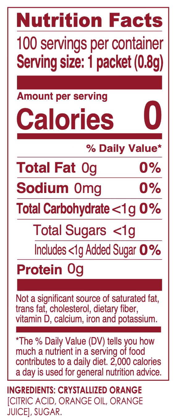 Close-up of True Orange packets highlighting simple, zero-calorie flavoring.