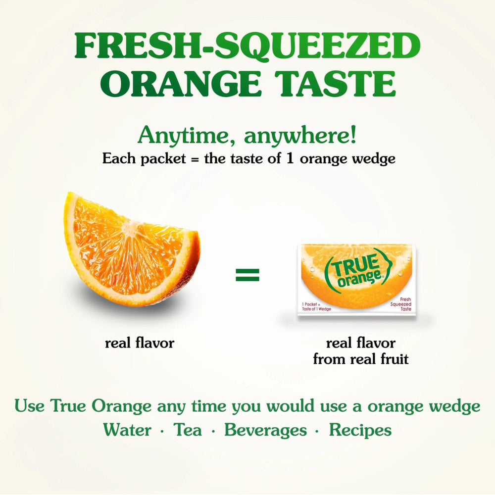 True Orange powder packet ready to dissolve into water.