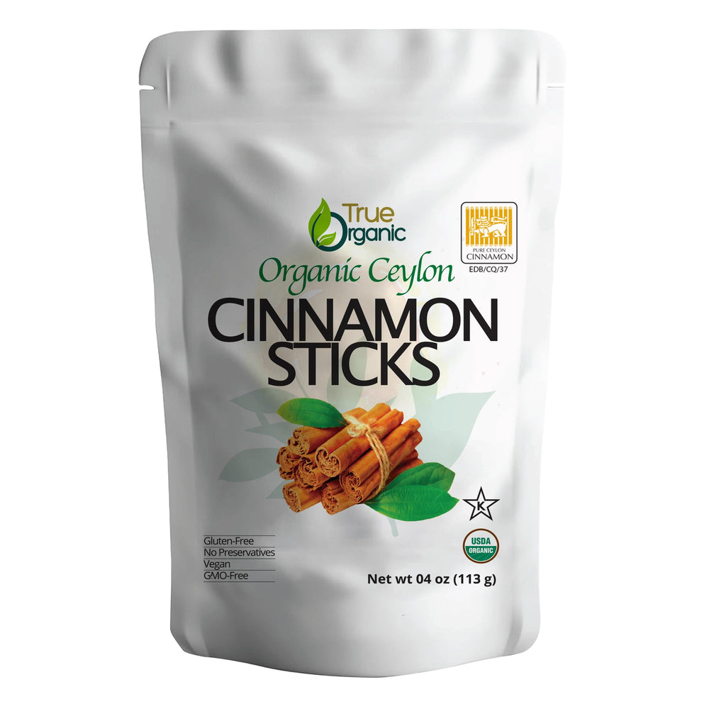 True Organic Ceylon Cinnamon Sticks packaging for freshness and certifications.
