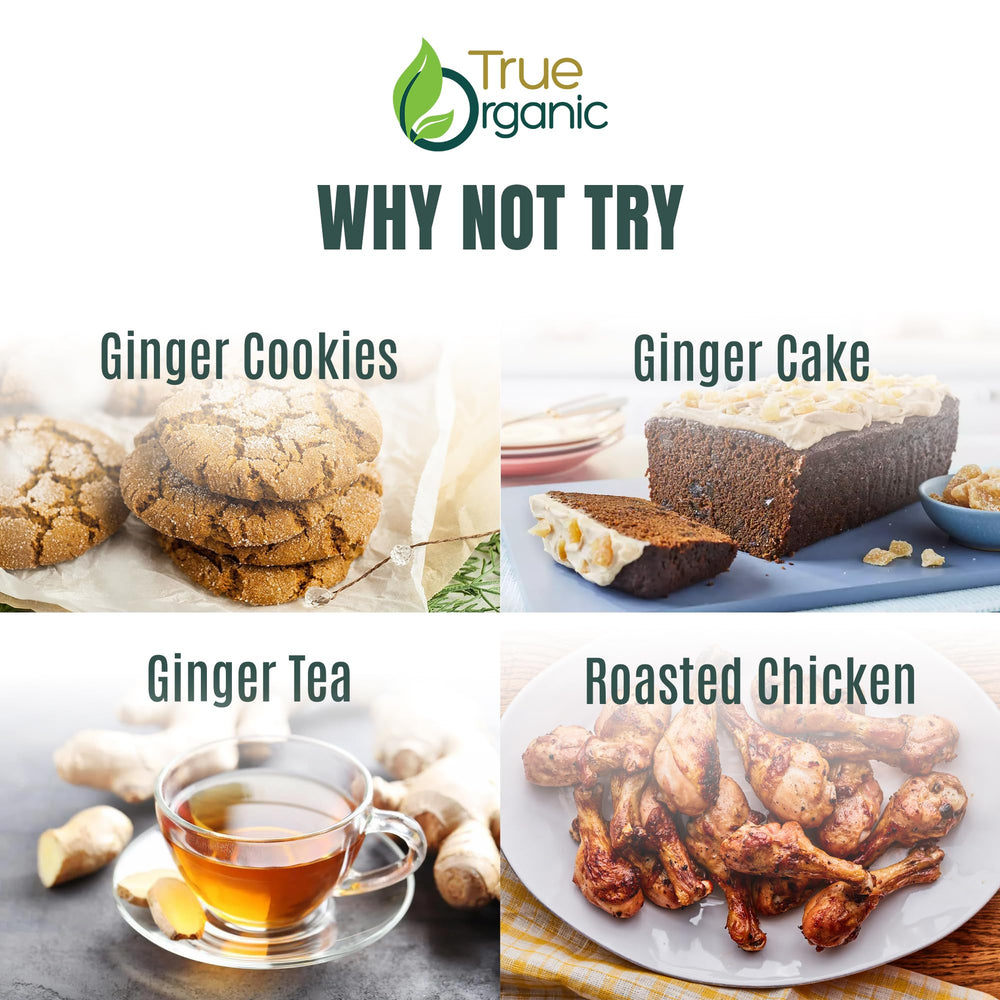 True Organic Ceylon Ginger powder shown with kitchen-ready versatility for baking tea.