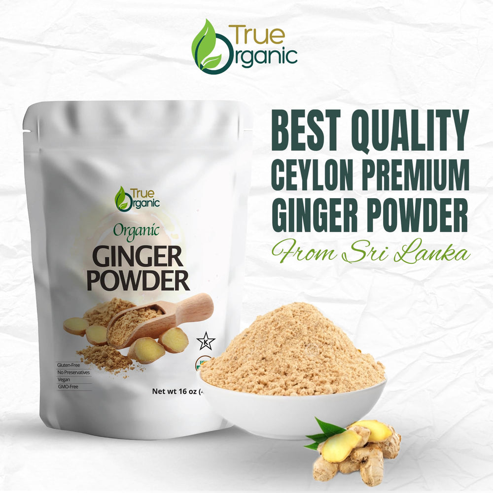 True Organic Ceylon Ginger powder, packaged for kitchen use, preserving flavor and aroma.