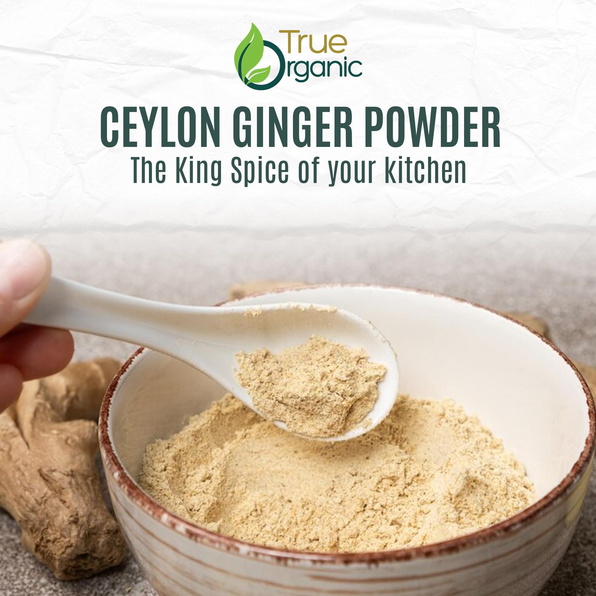 USDA Organic certification on True Organic Ceylon Ginger powder, supporting gluten-free cooking.