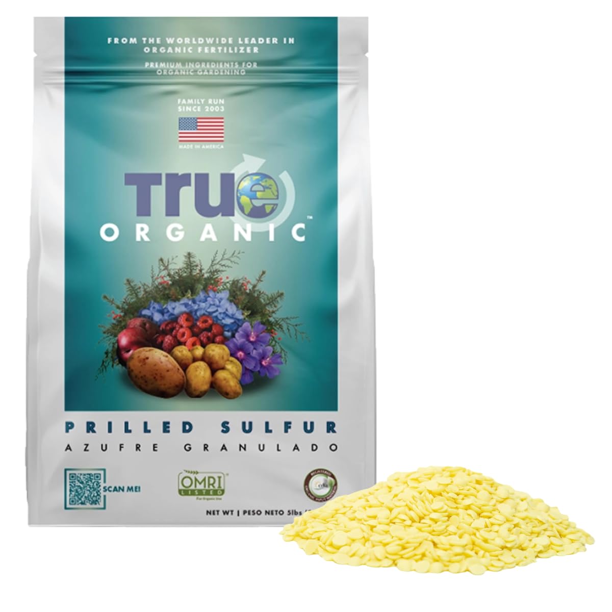 True Organic Prilled Sulfur bottle closeup for soil pH balancing