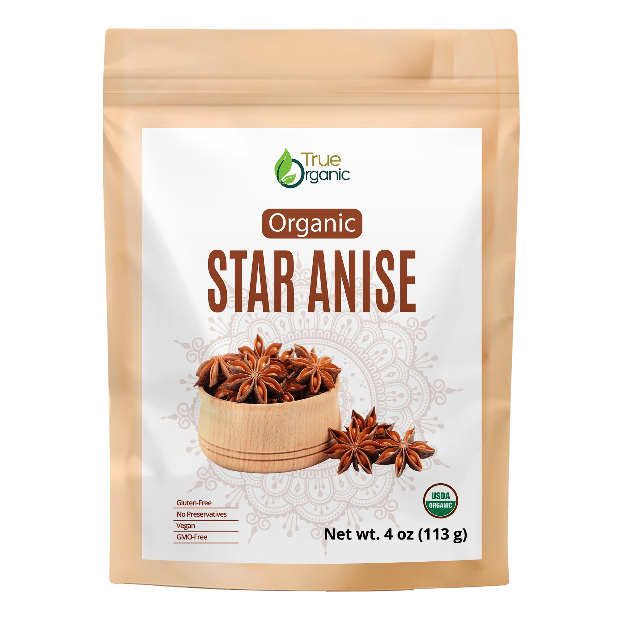 True Organic Vietnam Star Anise 4oz bag preserves freshness for cooking.