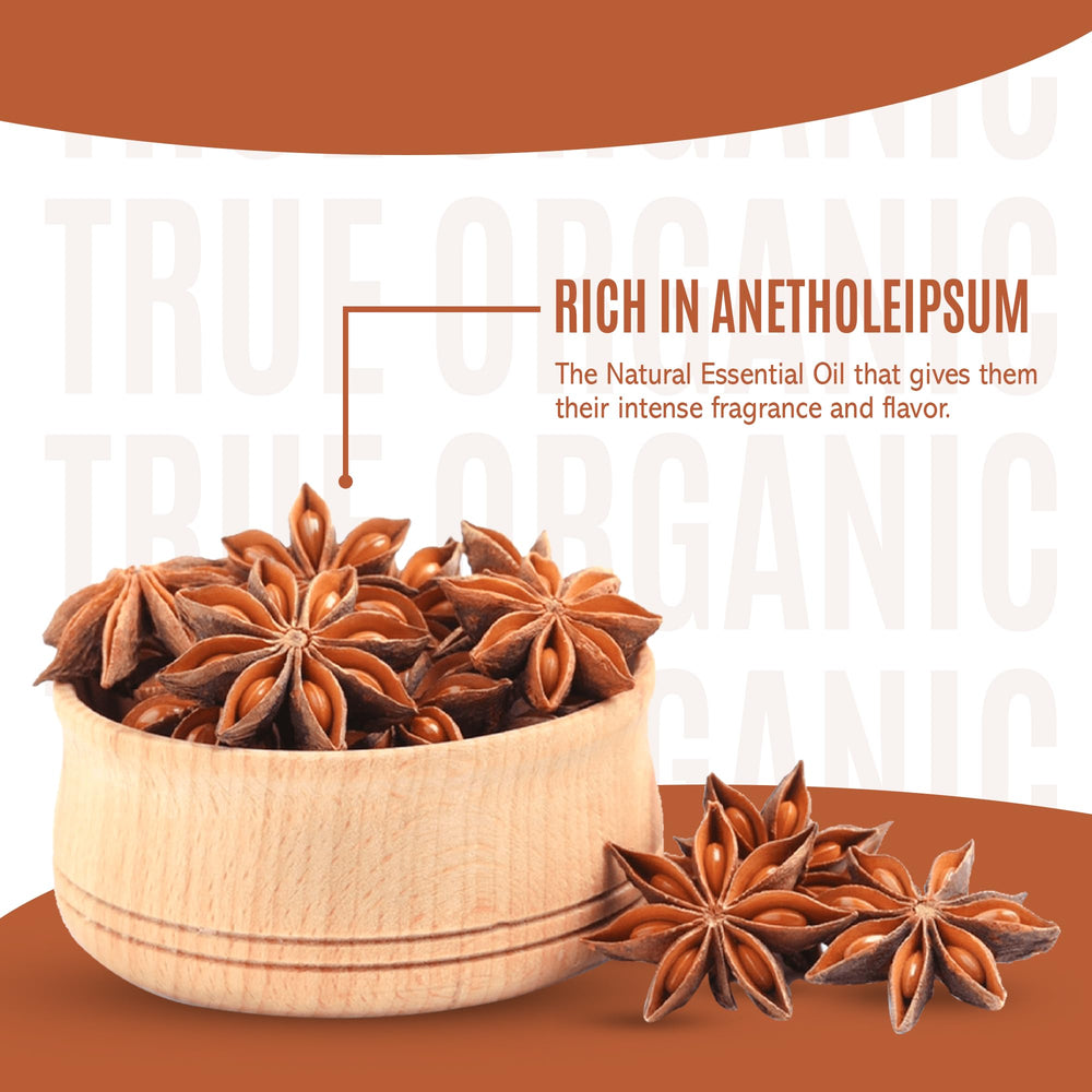 Close-up of True Organic star anise highlighting its fragrant aroma.