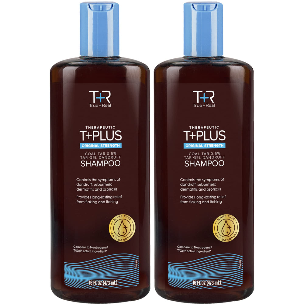 True+Real Coal Tar Therapeutic bottle front showing anti-dandruff action for flaky scalps.