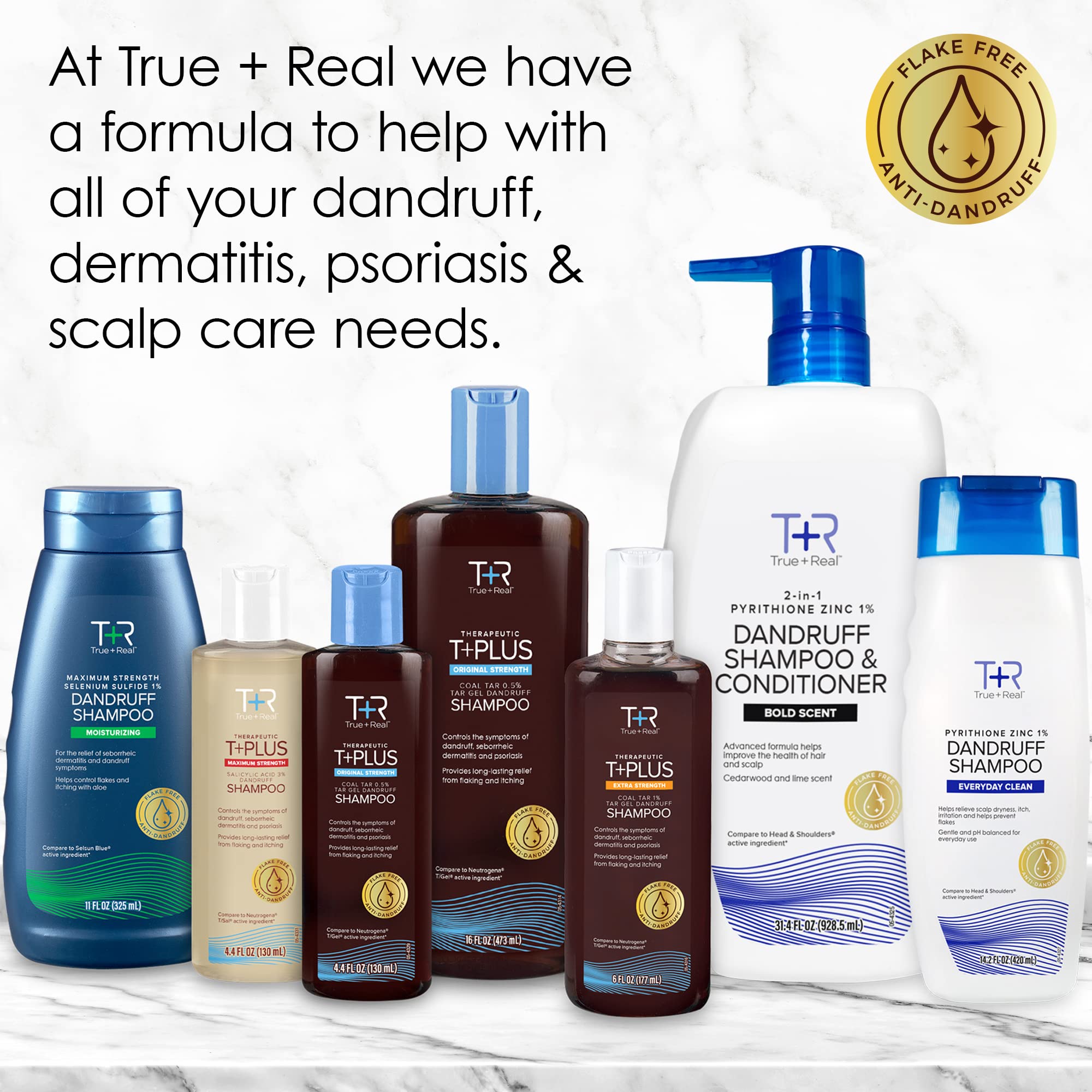 True+Real Coal Tar Therapeutic bottle in shower scene suggests easy scalp care routine.