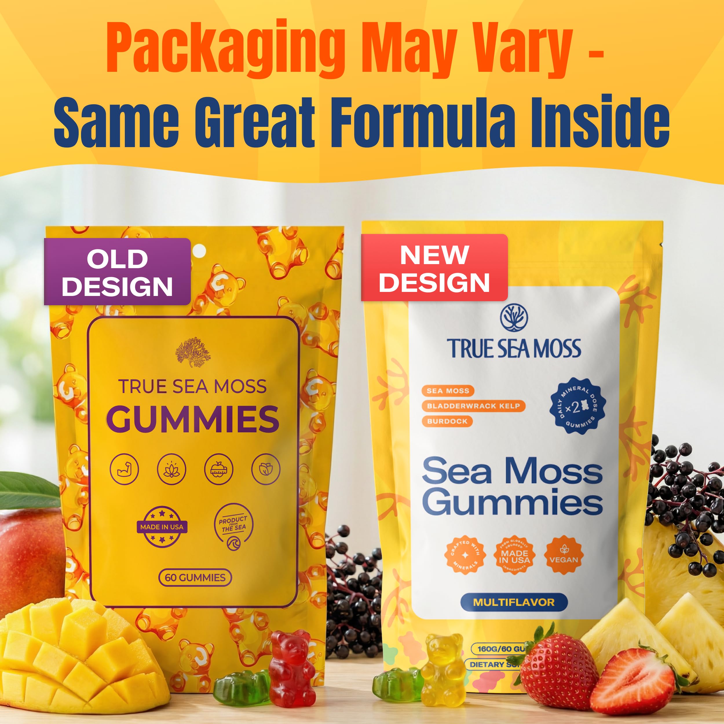 TrueSeaMoss ingredients graphic highlights sea moss, burdock root, and bladderwrack.