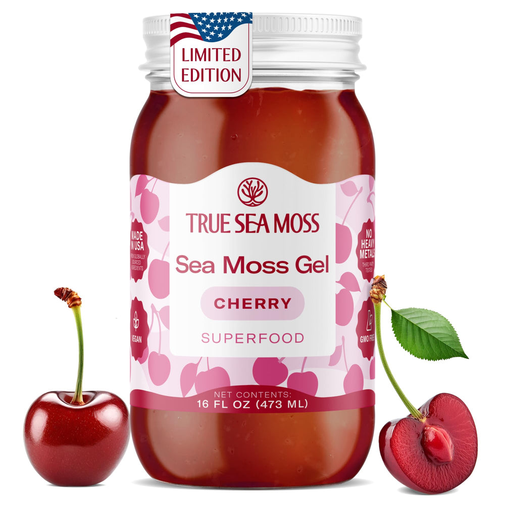 TrueSeaMoss Sea Moss Gel Cherry bottle pouring for daily wellness