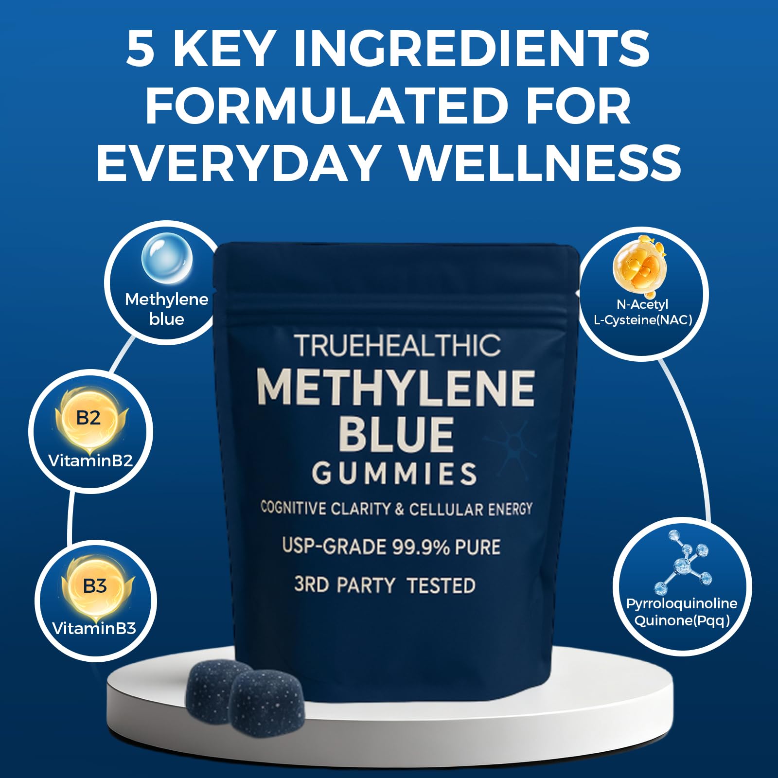 TRUEHEALTHIC Methylene Blue Gummies blue raspberry flavor shown in vibrant color