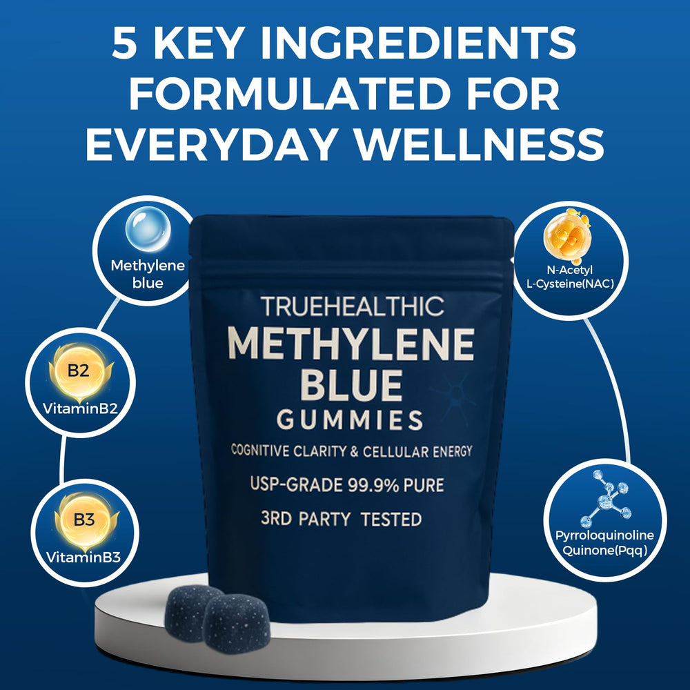 TRUEHEALTHIC Methylene Blue Gummies blue raspberry flavor shown in vibrant color