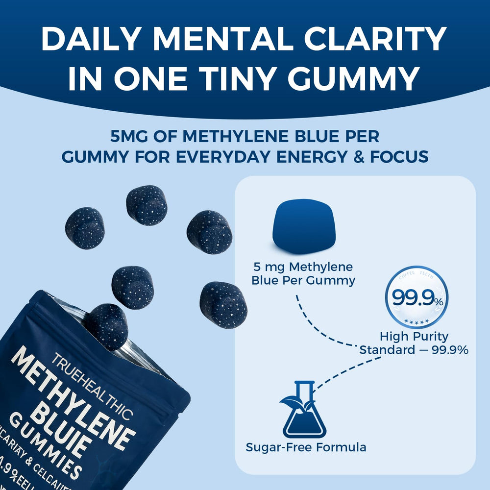 TRUEHEALTHIC Methylene Blue Gummies on a desk during study session for focus