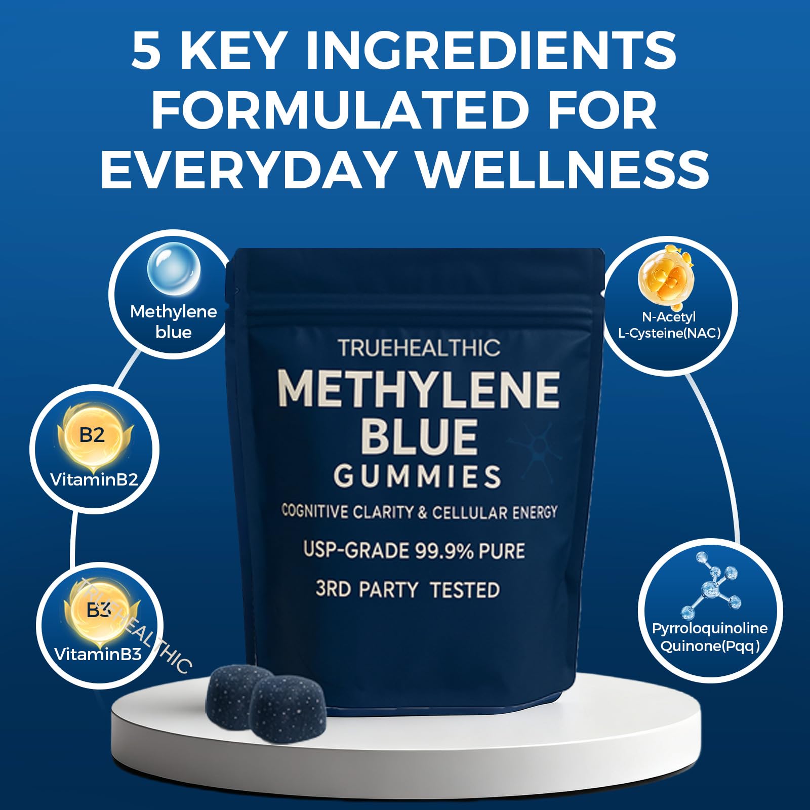 TRUEHEALTHIC Methylene Blue Gummies label; clear ingredients for clean vegan choice.