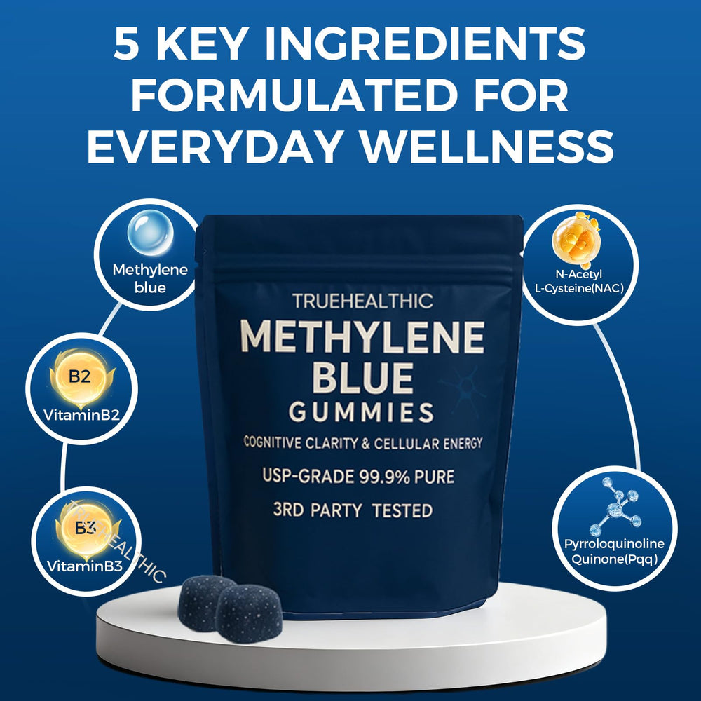 TRUEHEALTHIC Methylene Blue Gummies label; clear ingredients for clean vegan choice.