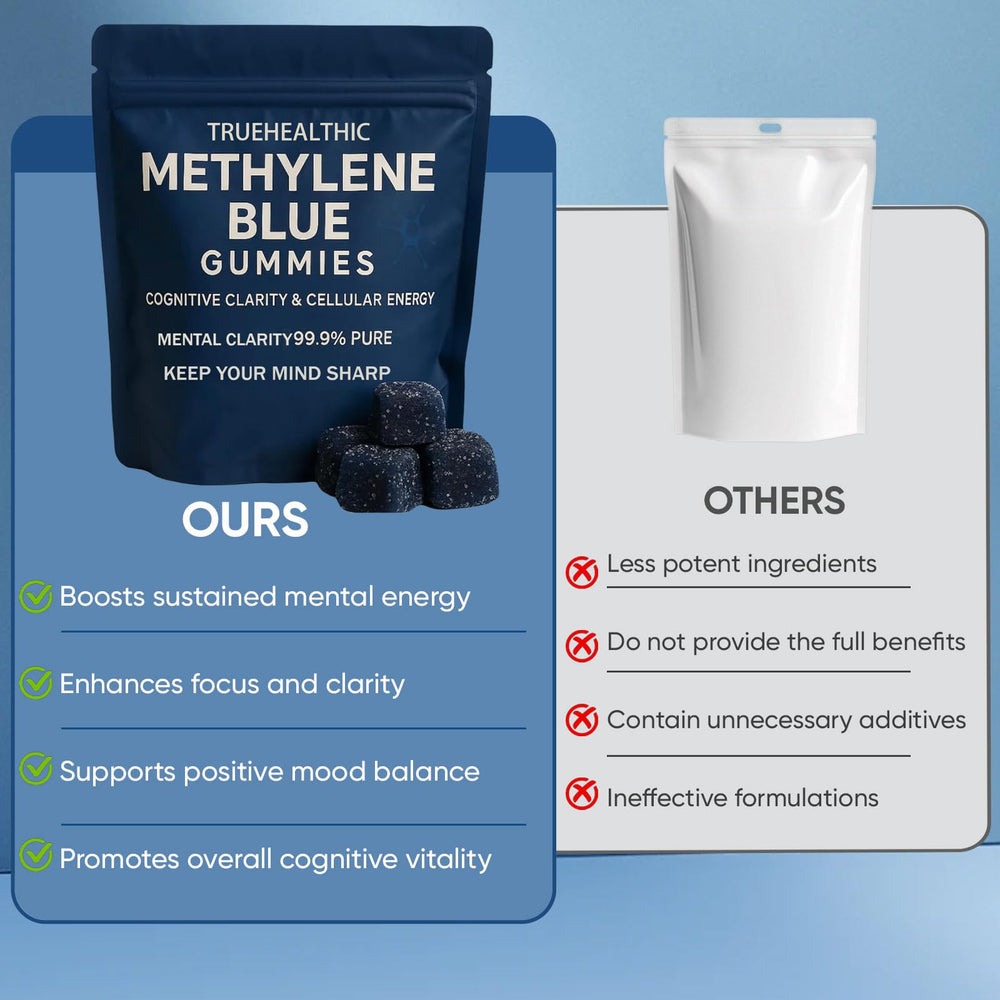 TRUEHEALTHIC Methylene Blue Gummies label view showing 99.9% purity