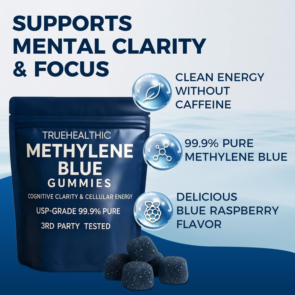 TRUEHEALTHIC Methylene Blue Gummies packaging close-up highlighting vegan non-GMO formulation