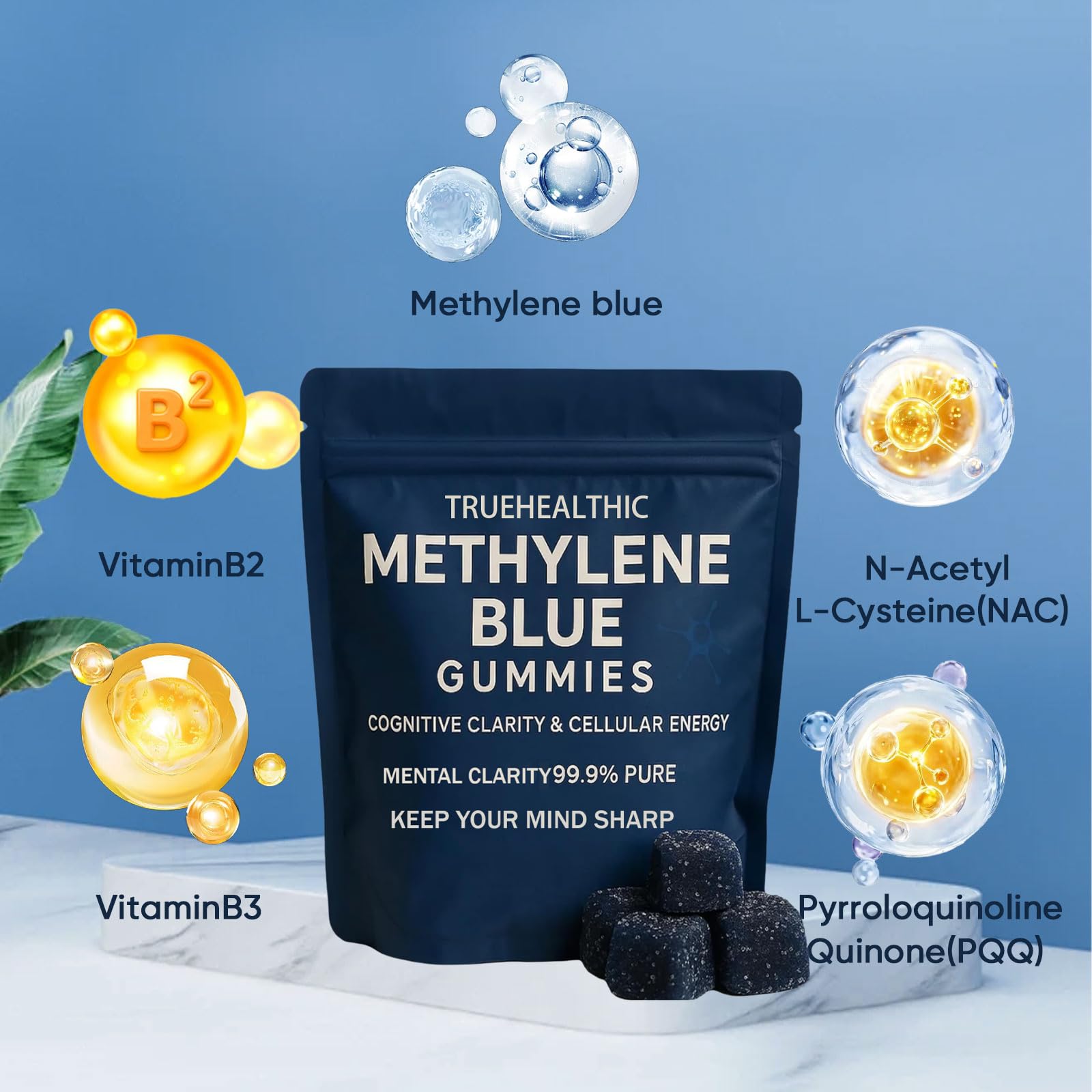 TRUEHEALTHIC Methylene Blue Gummies serving on desk for mental clarity