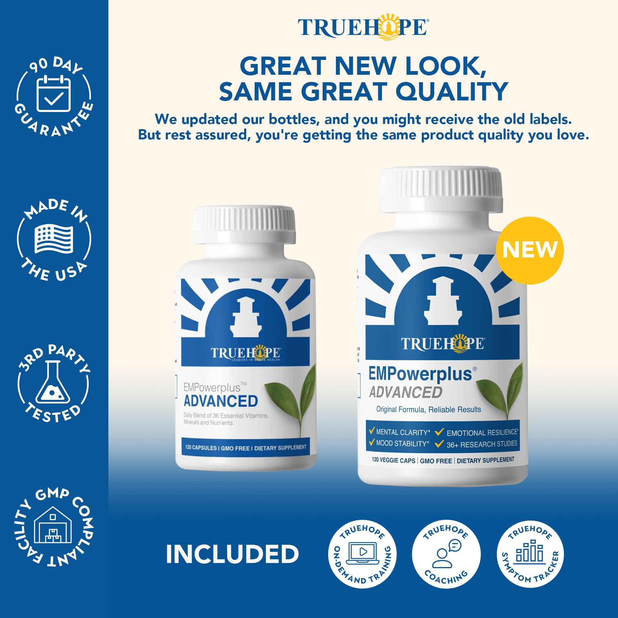 Truehope EMPowerplus Advanced tablets close-up revealing compact multivitamin capsules.