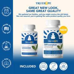 Truehope EMPowerplus Advanced tablets close-up revealing compact multivitamin capsules.