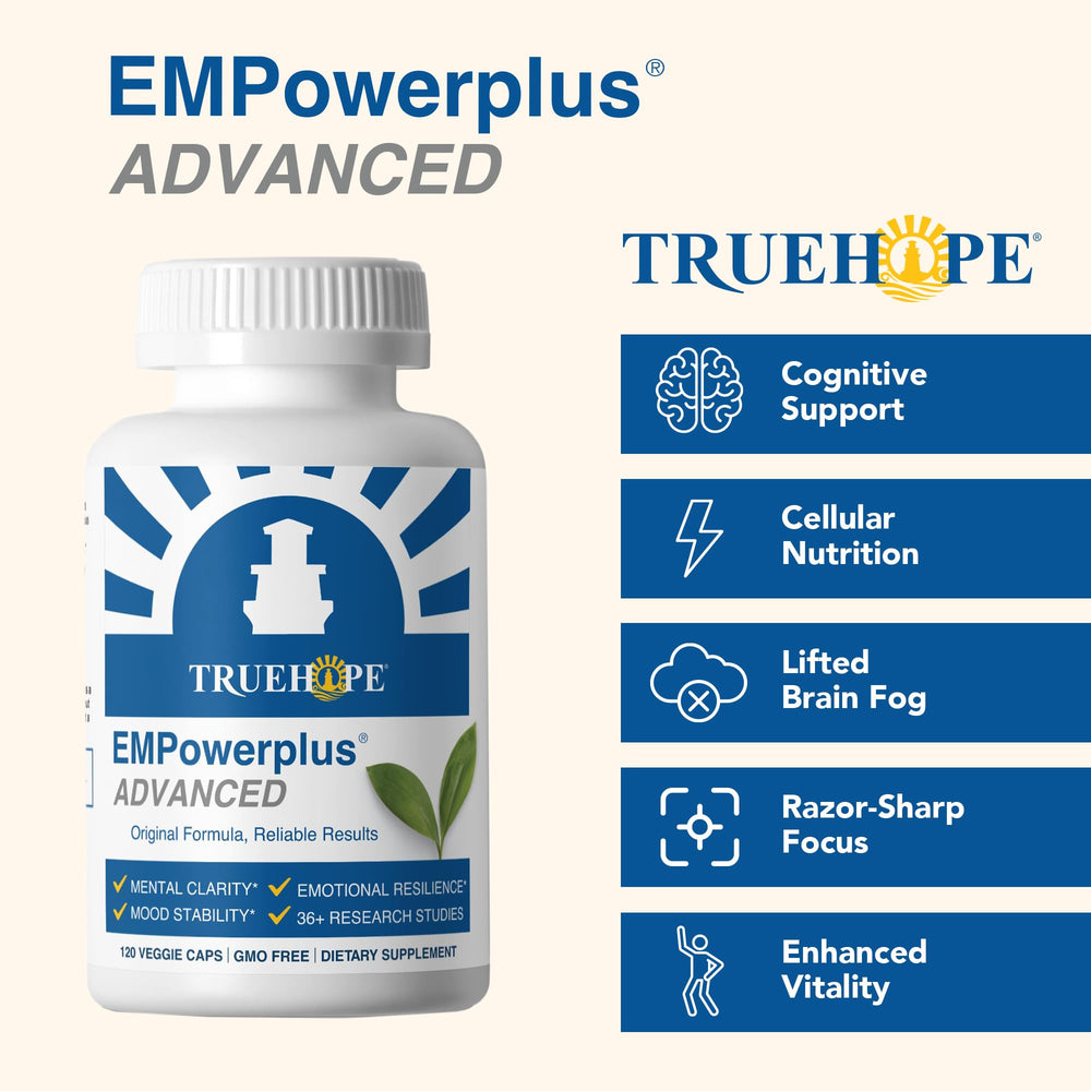 Truehope EMPowerplus Advanced tablets on kitchen counter next to a glass.